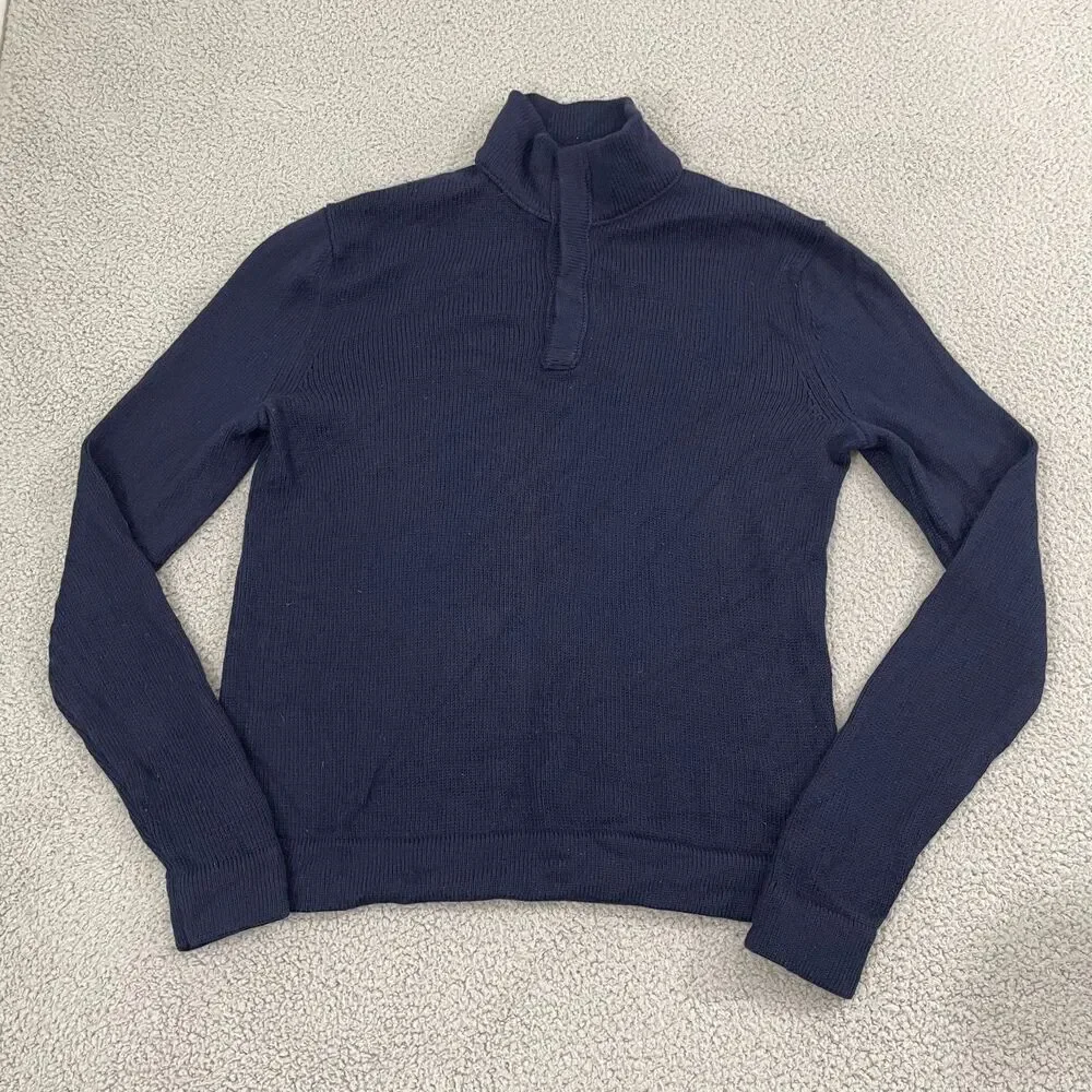 Banana Republic 1/4 Snap Sweater Men L Navy Merino Wool Mock Neck Knit Pullover